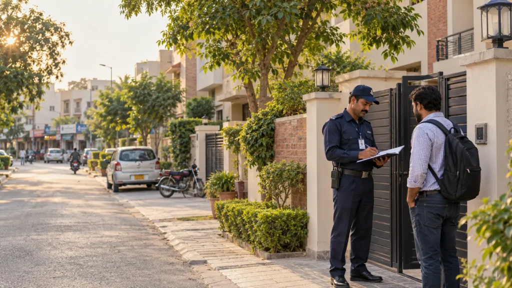 Security guard checking a visitor at a residential gate in Askari Lahore
