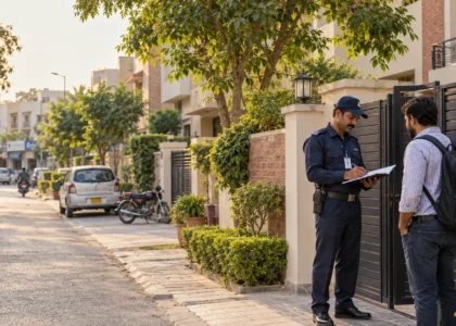 Security guard checking a visitor at a residential gate in Askari Lahore
