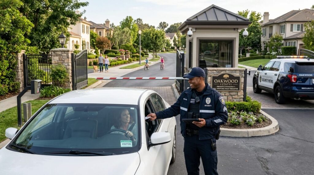 make a feature image of How Security Guards Improve Safety in Gated Communities