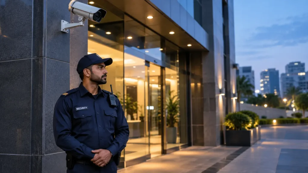 A security guard standing under a cctv camera.
