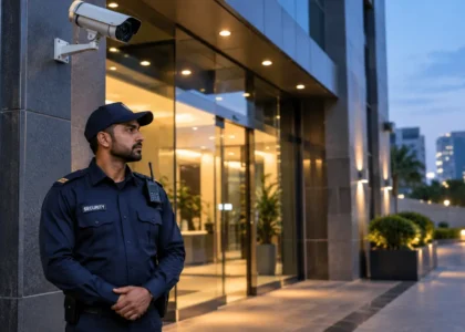 A security guard standing under a cctv camera.