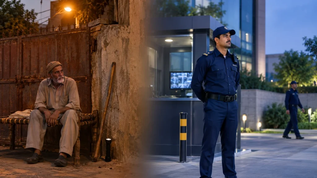Private watchman and professional security guard compared outside a property in Lahore