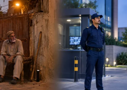 Private watchman and professional security guard compared outside a property in Lahore
