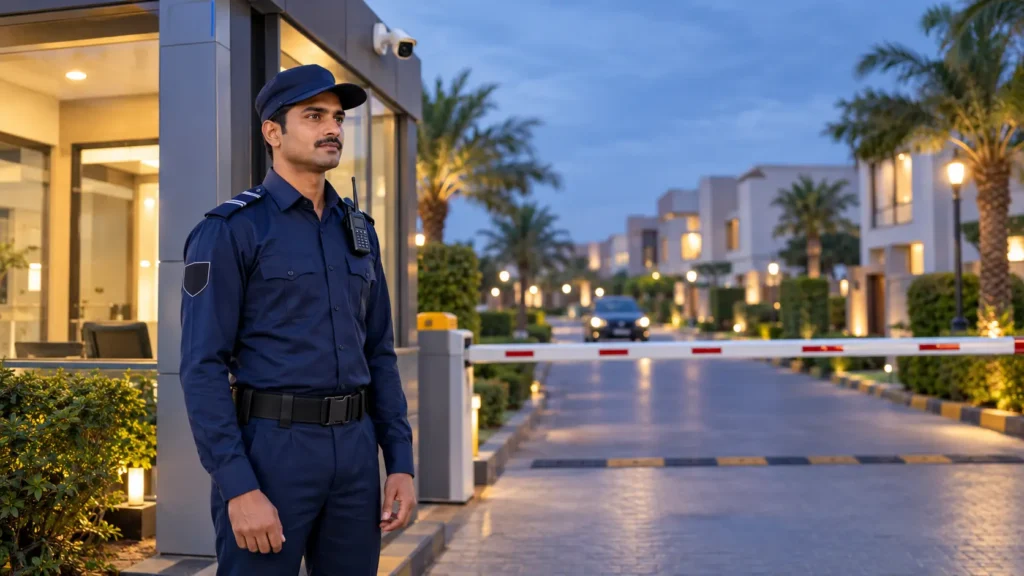 Security guard on duty at the entrance gate of a gated neighborhood in Lahore