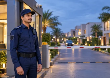 Security guard on duty at the entrance gate of a gated neighborhood in Lahore