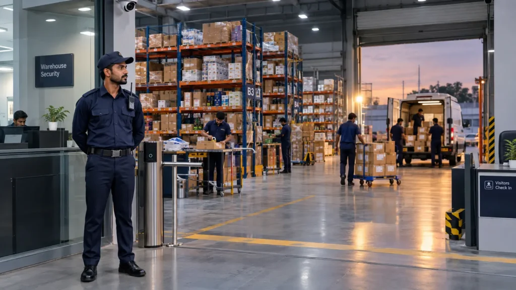 security guard standing at a warehouse