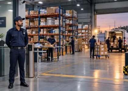 security guard standing at a warehouse
