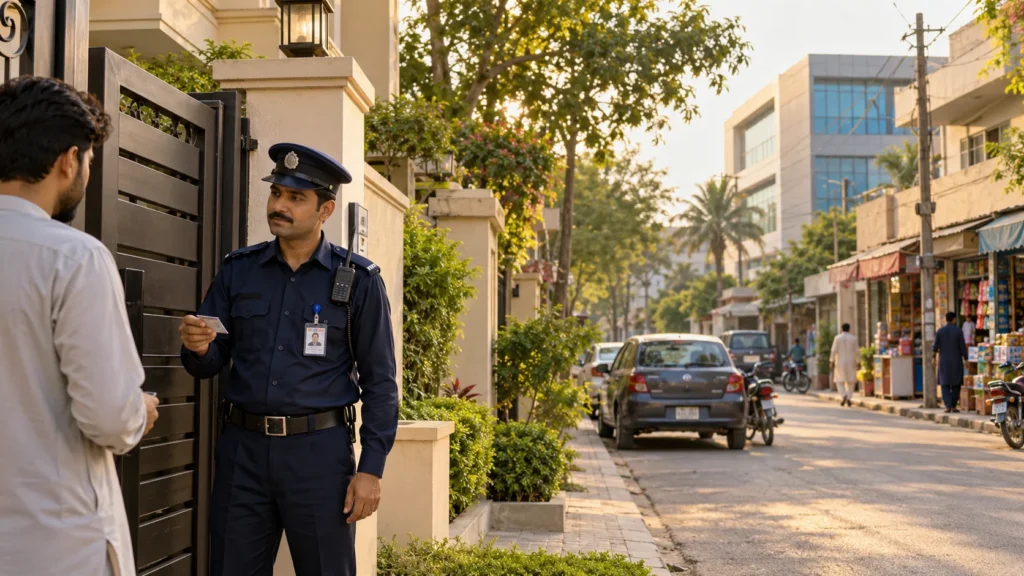 Security guard checking a visitor at a home gate, with offices and shops along a Valencia Town Lahore street.