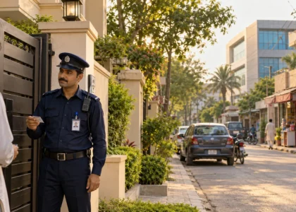 Security guard checking a visitor at a home gate, with offices and shops along a Valencia Town Lahore street.