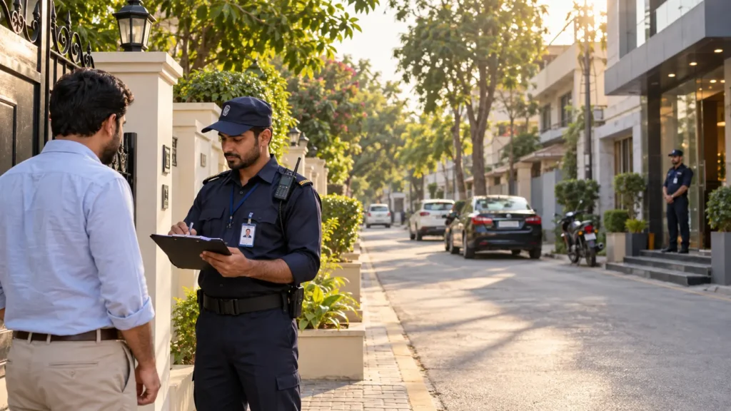 Security guard at the entrance of a building recording a visitor