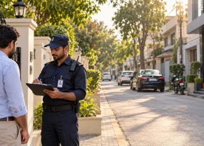 Security guard at the entrance of a building recording a visitor
