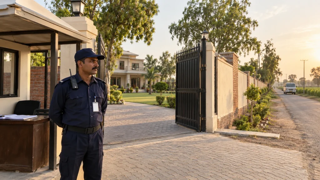Security guard at a farmhouse entrance with a gate, guard booth and landscaped grounds.