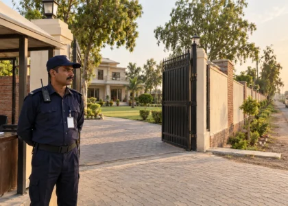 Security guard at a farmhouse entrance with a gate, guard booth and landscaped grounds.