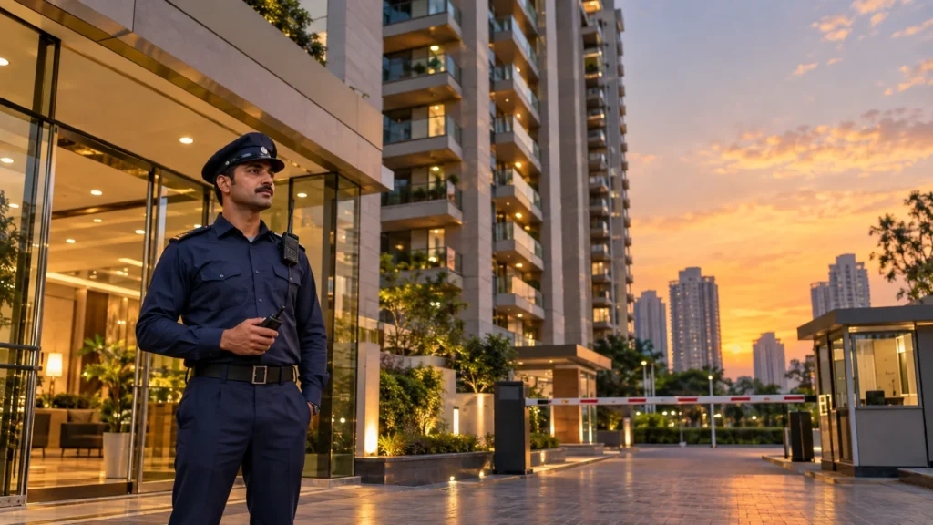 A security guard standing in front of a tower