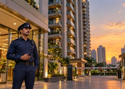 A security guard standing in front of a tower