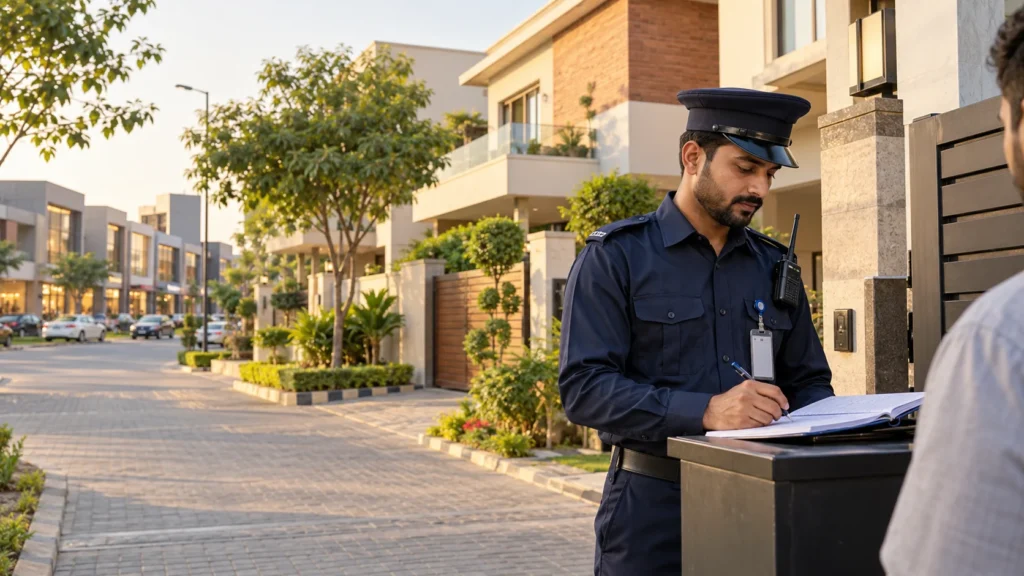 Security guard checking a visitor register outside a home near commercial properties in Lake City Lahore