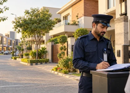 Security guard checking a visitor register outside a home near commercial properties in Lake City Lahore
