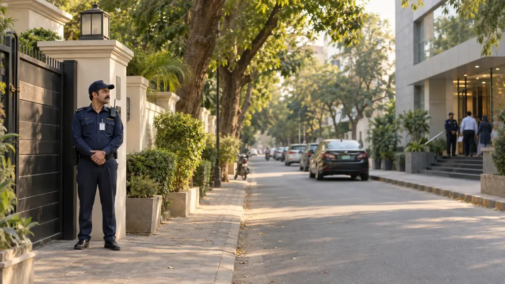 Security guards at residential and commercial entrances in Model Town Lahore