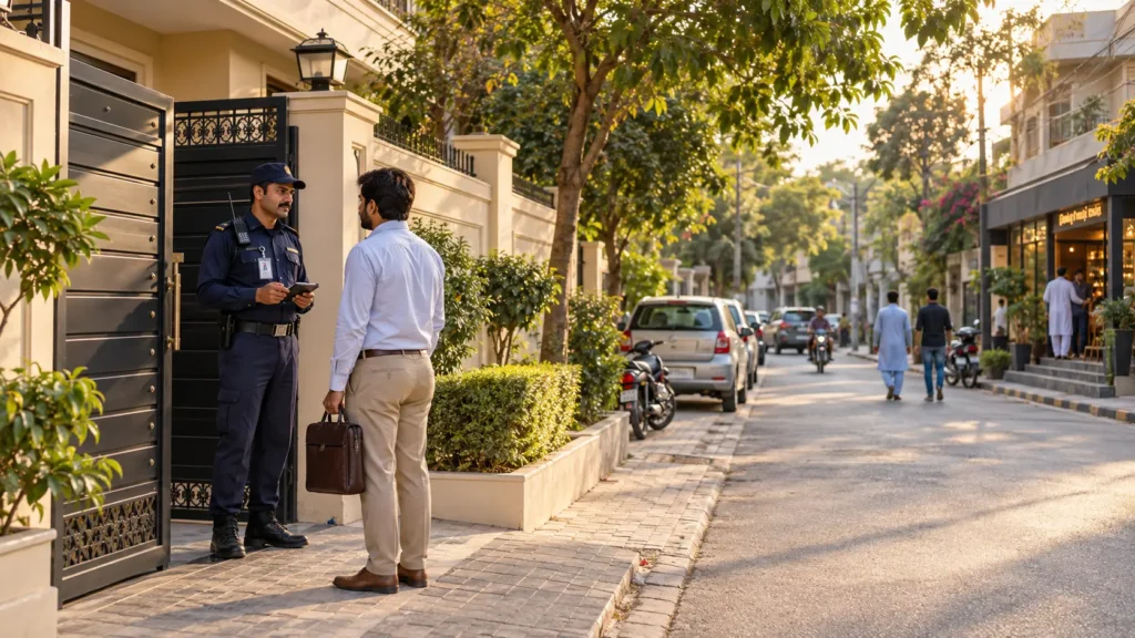 Security guard managing the entrance of a property in Wapda Town, Lahore