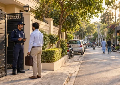 Security guard managing the entrance of a property in Wapda Town, Lahore