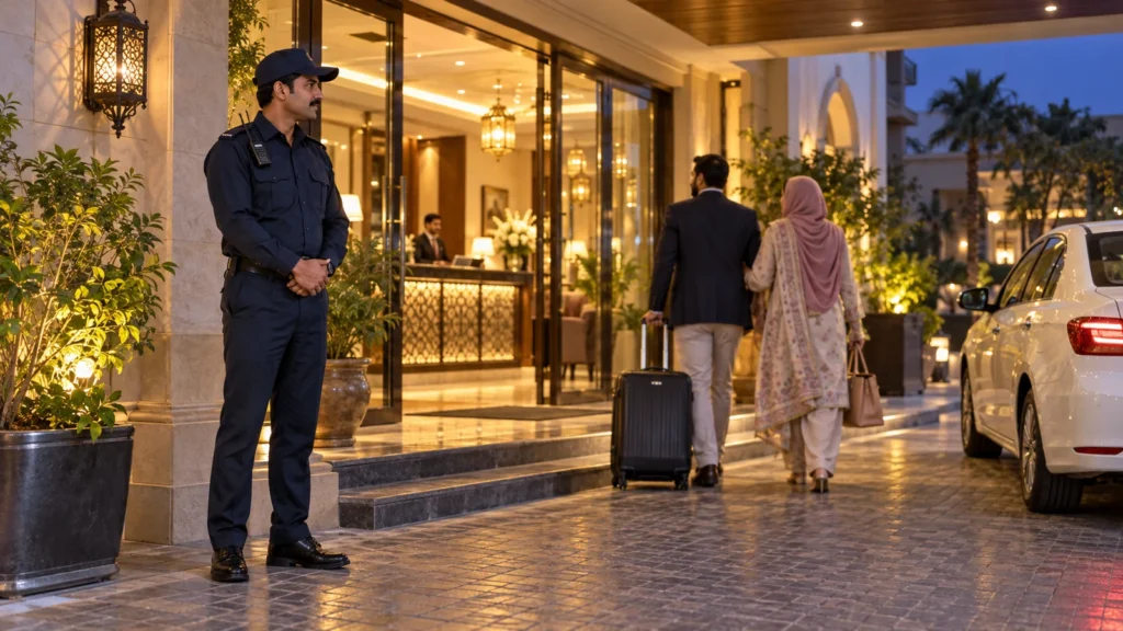 Uniformed security guard outside a warmly lit hotel entrance in Lahore as guests arrive with luggage.
