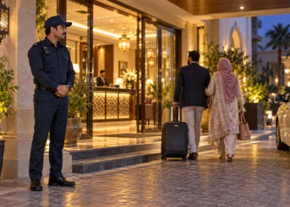 Uniformed security guard outside a warmly lit hotel entrance in Lahore as guests arrive with luggage.