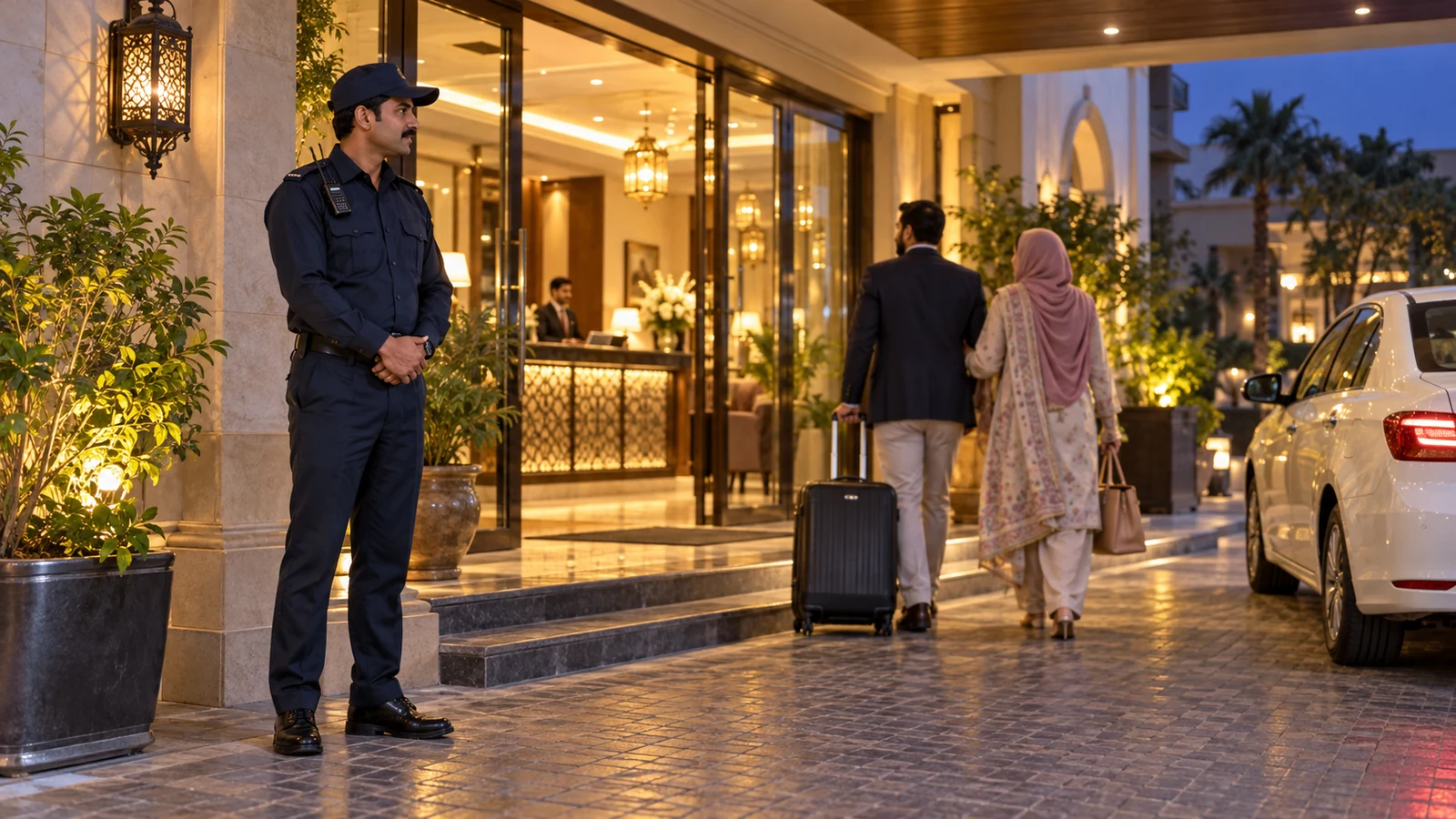 Uniformed security guard outside a warmly lit hotel entrance in Lahore as guests arrive with luggage.