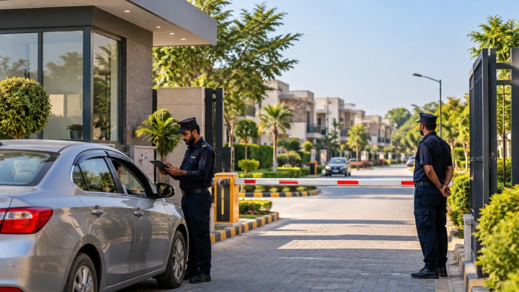 Security guards checking a vehicle at a gated residential community entrance.