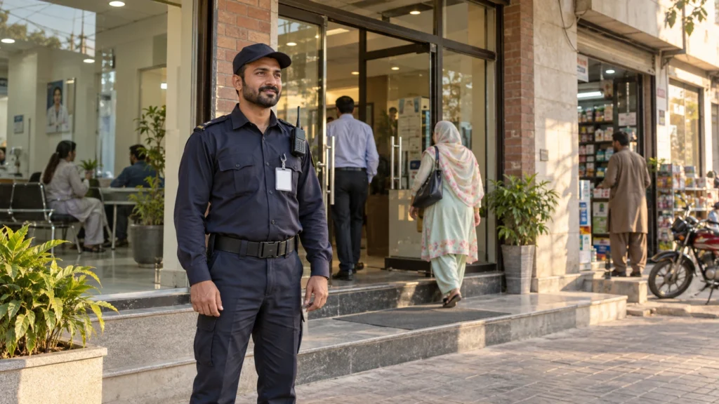 Uniformed security guard outside a commercial building with office, clinic and shop entrances.