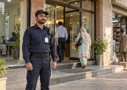 Uniformed security guard outside a commercial building with office, clinic and shop entrances.