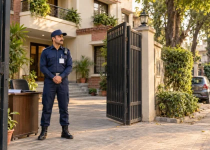 Uniformed security guard beside an office entrance gate on a tree lined Lahore street.