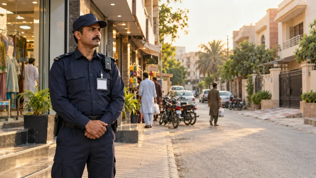 Uniformed security guard beside a market entrance with shops and residential homes in a Lahore neighbourhood.