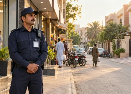 Uniformed security guard beside a market entrance with shops and residential homes in a Lahore neighbourhood.