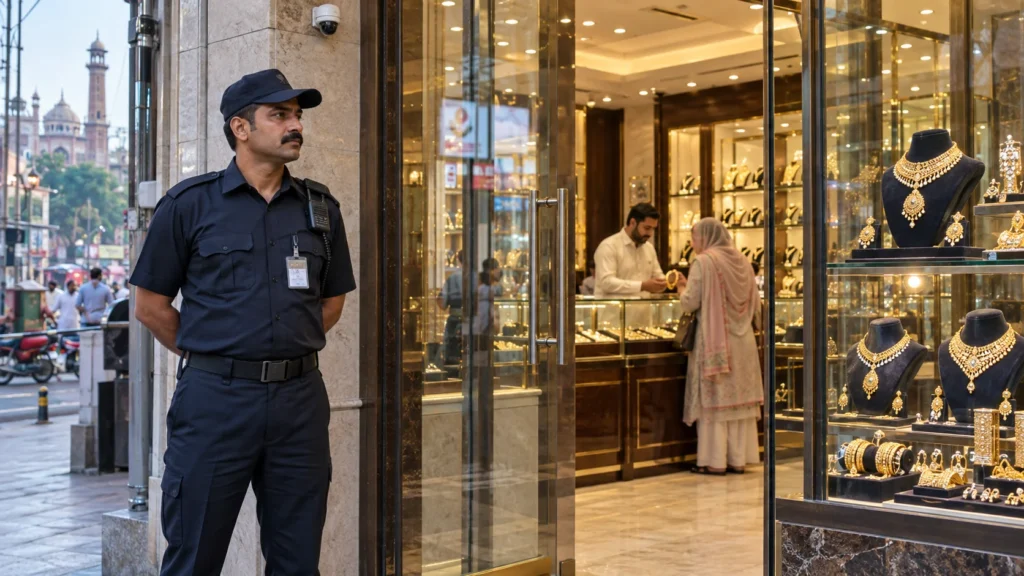 Pakistani security guard at the entrance of a jewellery showroom with gold necklace displays and customers inside.