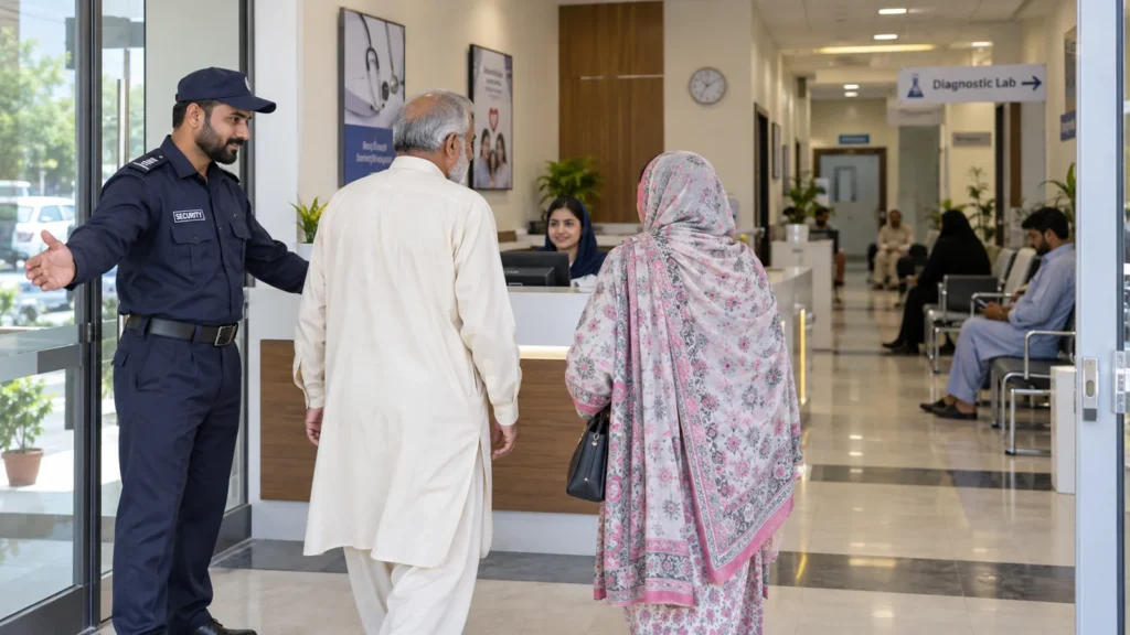 Security guard guiding visitors at the entrance of a private clinic and diagnostic lab in Lahore.