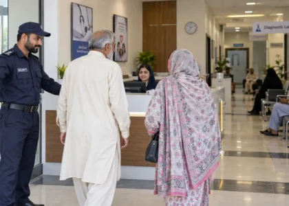 Security guard guiding visitors at the entrance of a private clinic and diagnostic lab in Lahore.