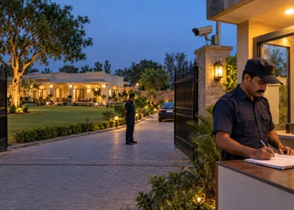 Security guard at the entrance gate of a farmhouse noting on a register.
