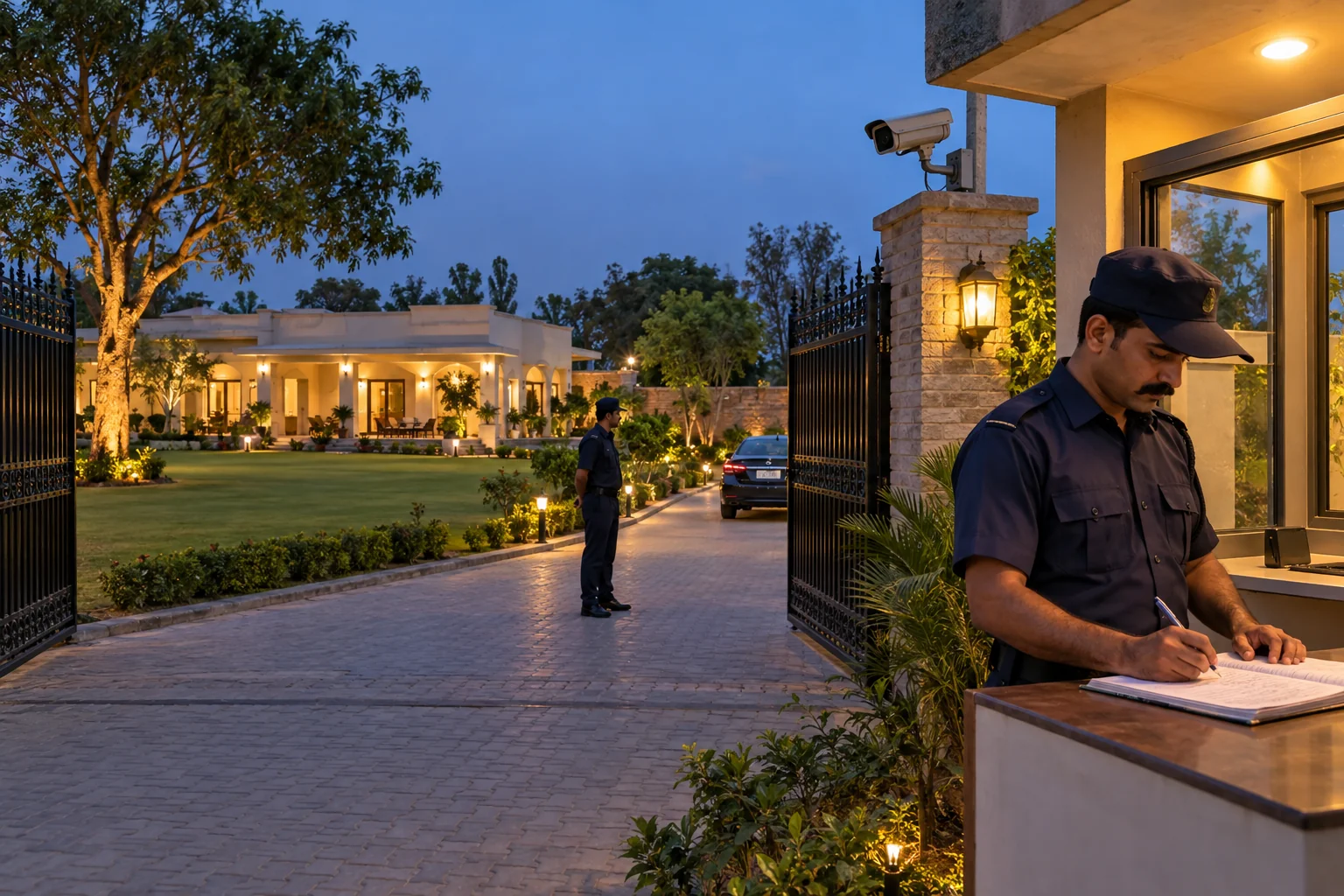 Security guard at the entrance gate of a farmhouse noting on a register.