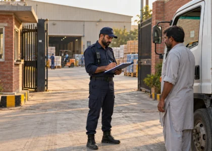 Uniformed security guard checking a delivery driver's paperwork at an industrial factory entrance in Lahore.