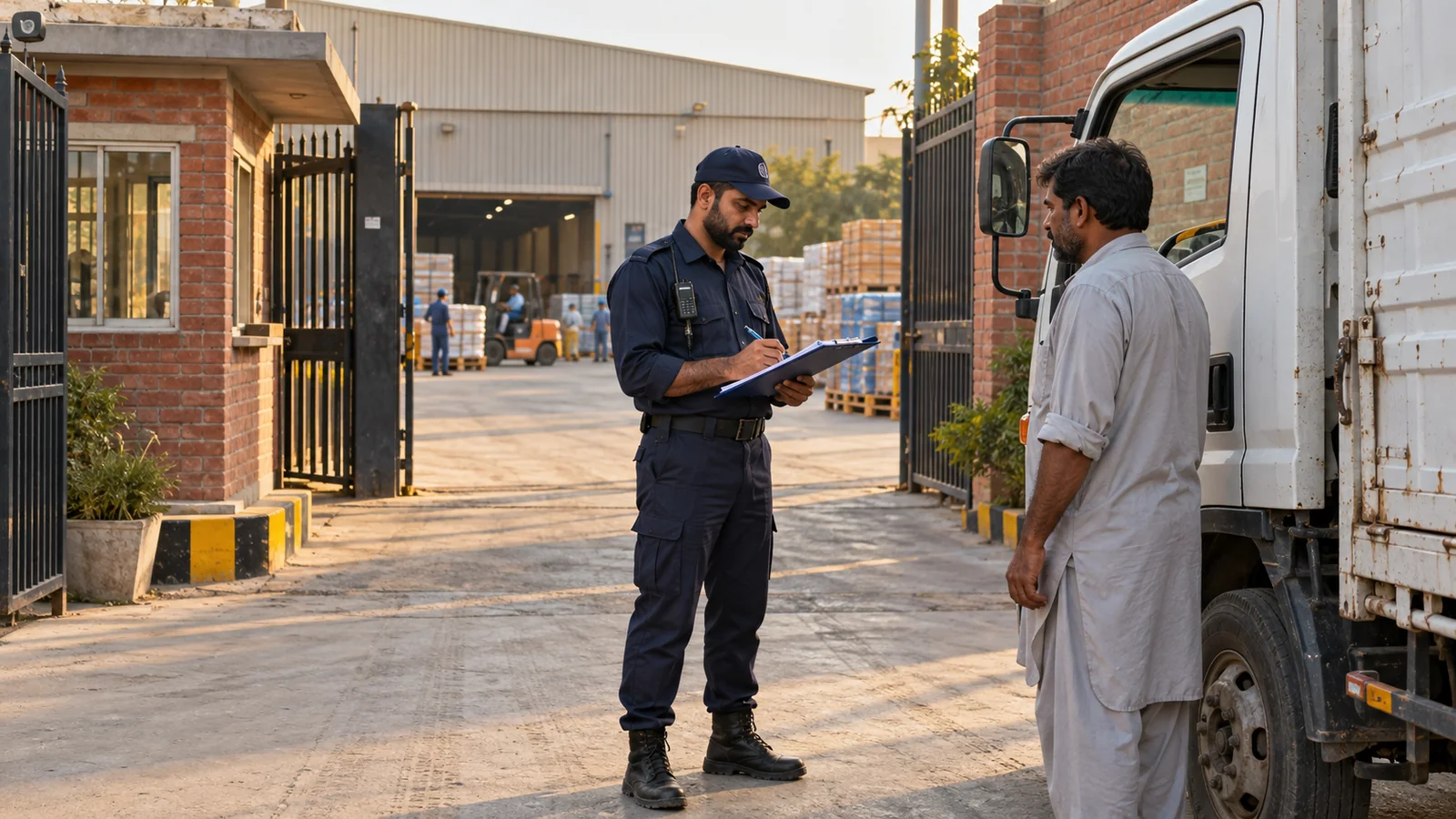 Uniformed security guard checking a delivery driver's paperwork at an industrial factory entrance in Lahore.