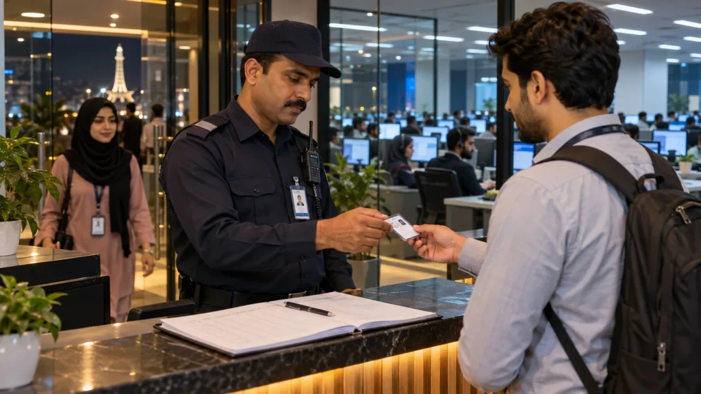 Security guard checking an employee badge at a call center reception in Lahore, with staff working behind a glass partition.