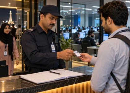 Security guard checking an employee badge at a call center reception in Lahore, with staff working behind a glass partition.