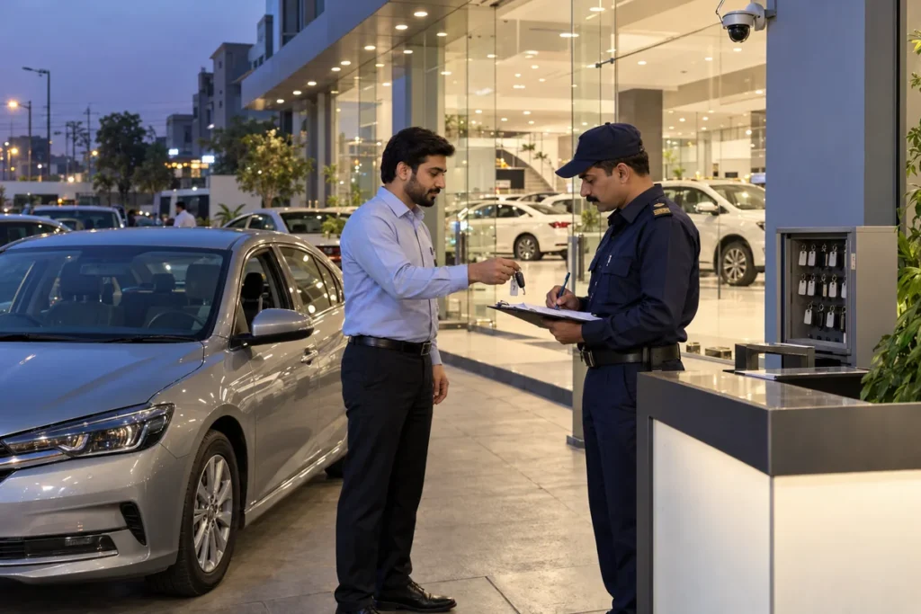 Pakistani security guard checks a vehicle movement register beside a silver car at a Lahore showroom.