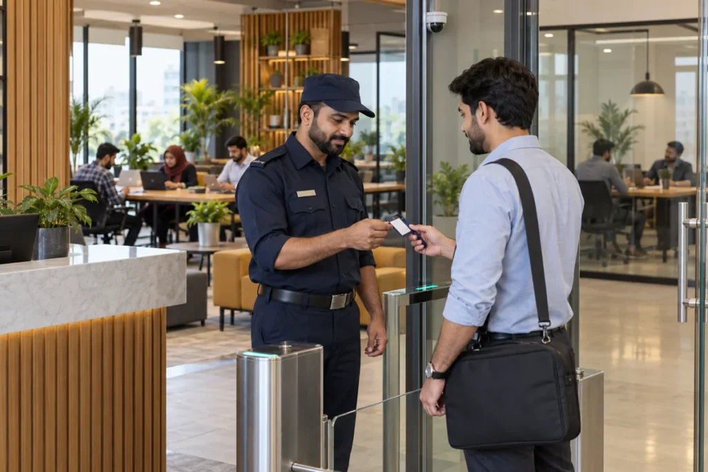 Pakistani security guard checking a visitor pass at the entrance of a modern coworking space in Lahore.