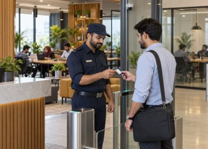Pakistani security guard checking a visitor pass at the entrance of a modern coworking space in Lahore.