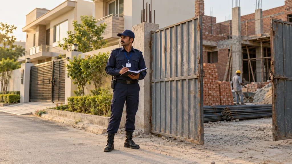 Uniformed security guard at a construction gate beside a completed family home on a Lahore residential street.