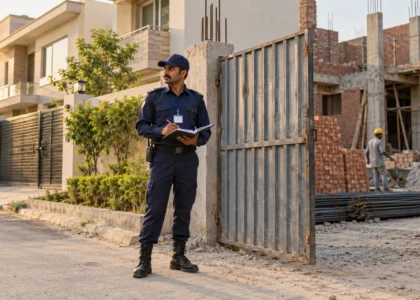 Uniformed security guard at a construction gate beside a completed family home on a Lahore residential street.