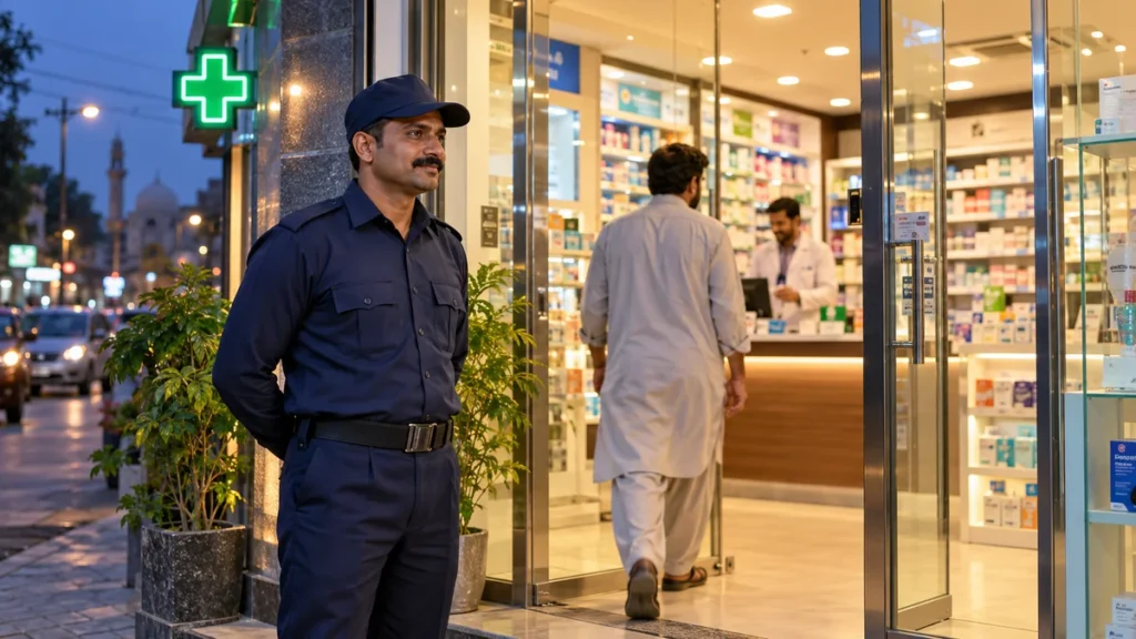 Uniformed security guard standing beside a pharmacy entrance in Lahore at dusk.