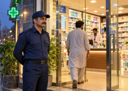 Uniformed security guard standing beside a pharmacy entrance in Lahore at dusk.