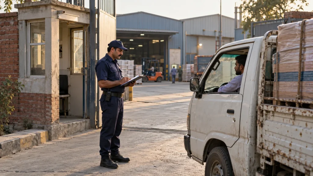 Uniformed security guard checking a delivery truck at a factory entrance, illustrating industrial security in Lahore.